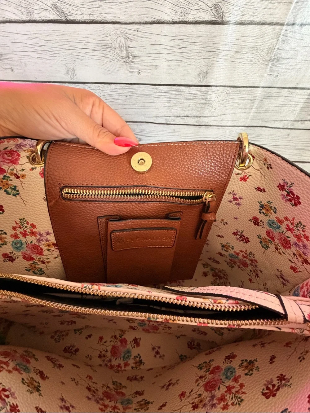 Steve Madden Brown Pebbled Tote with Gold Hardware